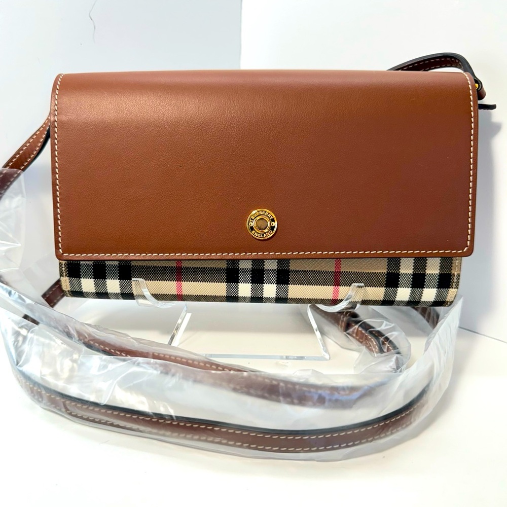 Burberry Hannah Tan and Check Leather Crossbody Wallet